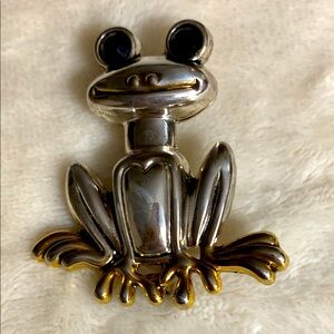 Silver and Gold Frog Pin/Pendant with Black Rhinestone Eyes Signed Best